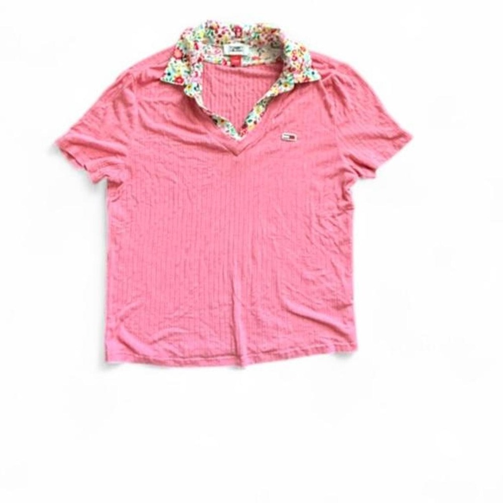 Tommy Jeans Pink Ribbed Floral Collar Polo Shirt Womens Small Y2K Preppy